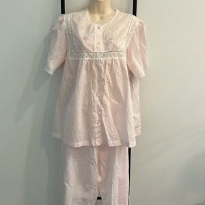 Vintage Barbizon Pajamas Set Women Pink Embroidered Lace Short Sleeve Top &